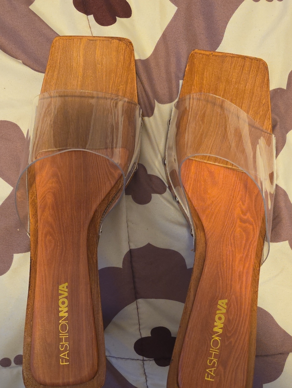 Fashion Nova Clear Strap Wood-Effect Slide Mules - Brown